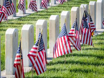 military headstones honoring armed forces servicemen decorated with american flags for memorial day