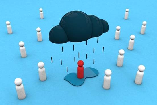 a group of wooden figures in which a rain cloud hovers over just one