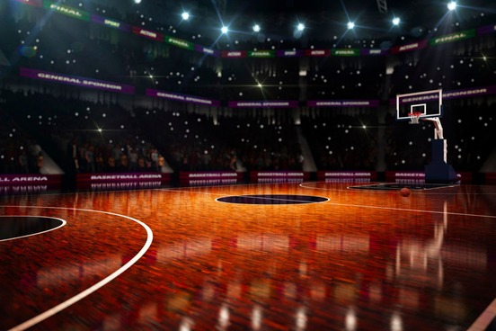 an basketball sits upon an empty court