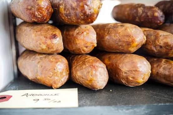 andouille sausage in butcher shop