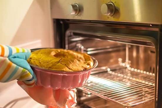 cake coming out of oven