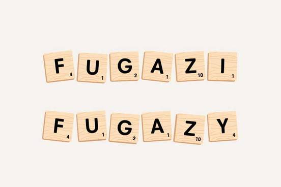 the words fugazi and fugazy spelled out with scrabble letters