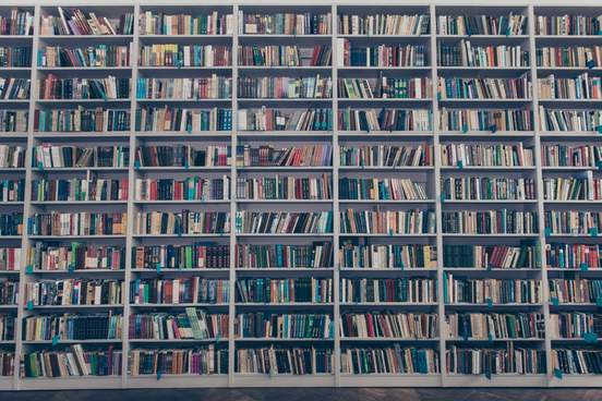 ibrary interior design with massive wooden grey book shelves full of colorful literature tomes publications and wooden floor