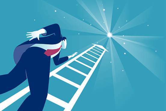 illustration of man reaching for ladder climbing higher