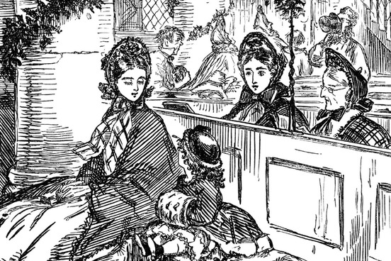 ladies in bonnets at a church