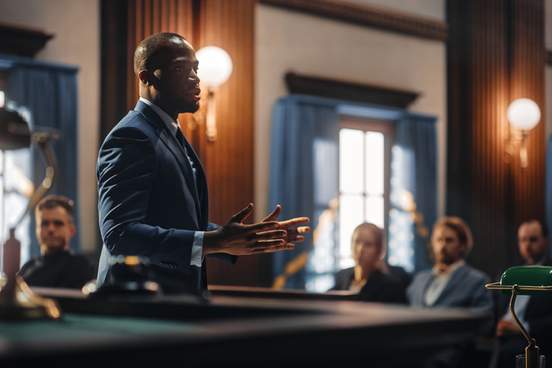 male public defender presenting case making passionate speech to judge jury