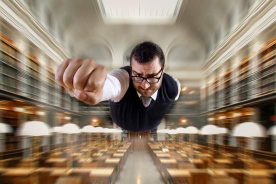 man flying like a superhero through a library