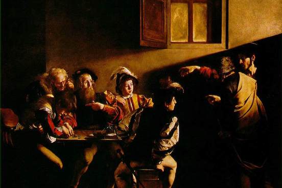 painting depicting the biblical story of jesus calls saint matthew to follow him jesus points to one of four men sitting around a table in a customs house
