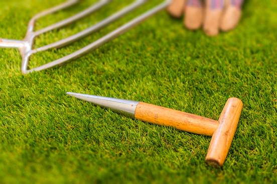 picture of a dibble a farming tool sitting on the grass