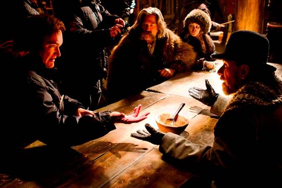 quentin tarantino directs kurt russell jennifer jason leigh and tim roth on the set of the hateful eight