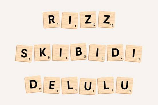 the words rizz, skibidi, and delulu spelled out with scrabble letters