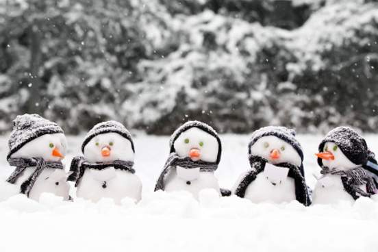 snowmen in a row holding sheet music