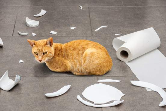 unrepentant cat sitting in middle of mess