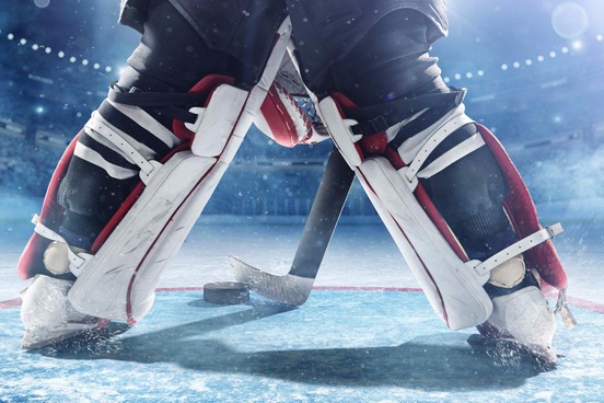 view from between the hockey goalies legs