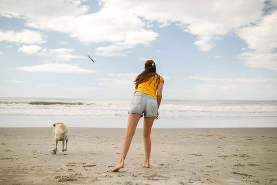 woman throwing stick for her dog on a beach