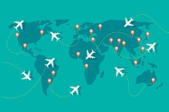 world map with airplane routes over it
