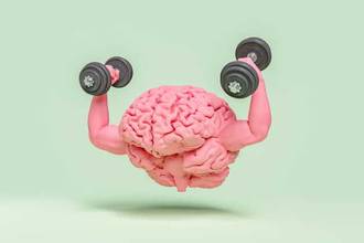 3d rendering of a brain with arms lifting weights
