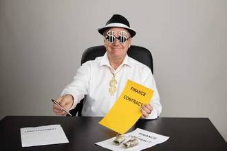 A shady businessman passing a pen and signing contract to someone