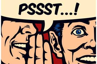 Pop art style of a man whispering a secret into the ear of another person