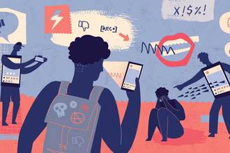 Vector illustration of a teenage boy staring at his phone while other things happen in the background