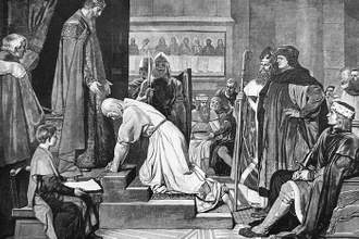 a knight kneeling before an emperor