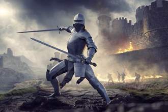 a knight standing in the foreground brandishing their swords with a war going on the background