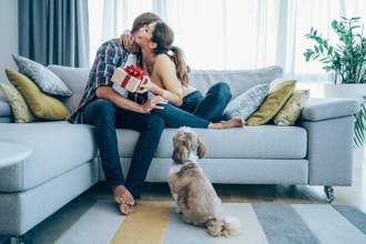 a lady excited receiving a gift from her partner and hugging him while heir dog looks on