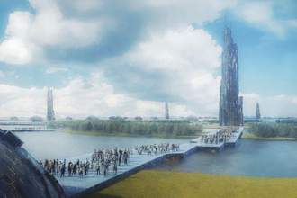 a large group of people walking across a bridge to this wonderful utopian city with sky high buildings made of glass