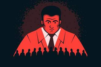 a man in red looking at the small crowd from above