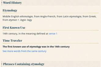 a screenshot of etymology word history on merriam-webster website