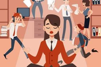 a woman meditating in lotus position in the midst of office chaos