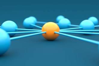 a yellow sphere connected to multiple blue spheres