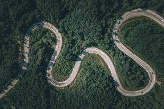 aerial view of the winding road