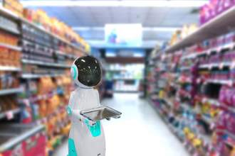 an ai robot standing in the middle of the grocery store isle with a small tray in its outstretched hand