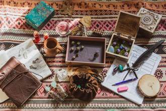 an assortment of items grouped together on a rug