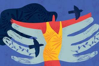 an illustration of a person experiencing freedom with their arms outstretched as wings and birds flying nearby