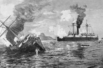 an old illustration of two large ships with one that has been hit and is sinking into the sea