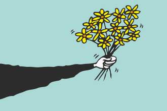 arm holding out a bouquet of sunflowers
