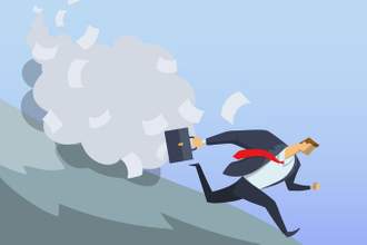 business man running down hill while leaving a trail of papers and dust behind him