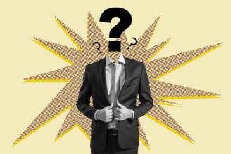 businessman with question mark head on colorful comic-style background