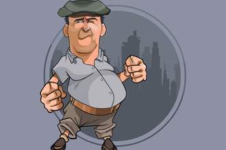 cartoon bellied man with fists in cap against the background of the city in a circle