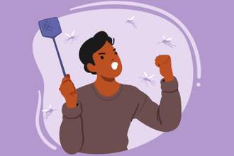 cartoon of a angry person swatting at mosquitoes