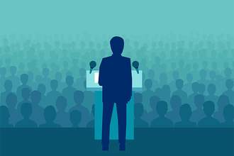 cartoon silhouette of person speaking to large crowd
