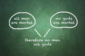 chalkboard with text all men are mortal no gods are mortal therefore no men are gods