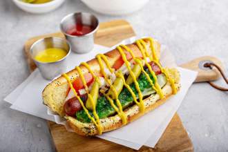 chicago style hot dog on a poppy seed bun