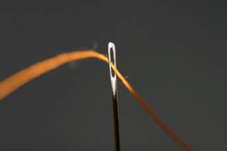 close up of a thread through the eye of a needle