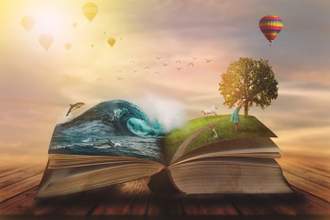 conceptual image of an open book with elements coming to life off the page