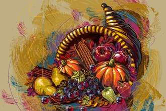 drawing of a cornucopia with fruits and vegetables