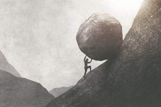 drawing of a man pushing a large boulder up a mountain