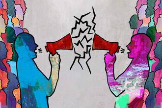 drawing of two leaders with megaphones yelling at each other in front of a crowd